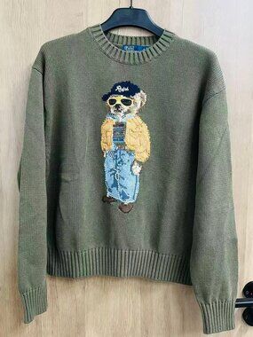 Polo Ralph Lauren Olive Green Sunglasses Bear Crewneck Knit Sweater